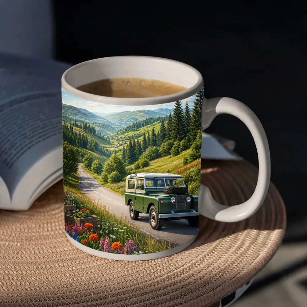 Vintage Land Rover Defender Mountain Road Art – Mugs