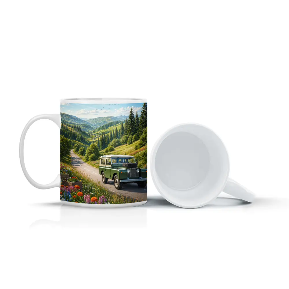 Vintage Land Rover Defender Mountain Road Art – Mugs