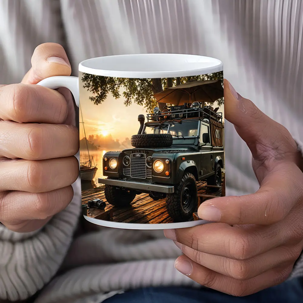 Land Rover Defender Parked At Sunset Dock – Mugs