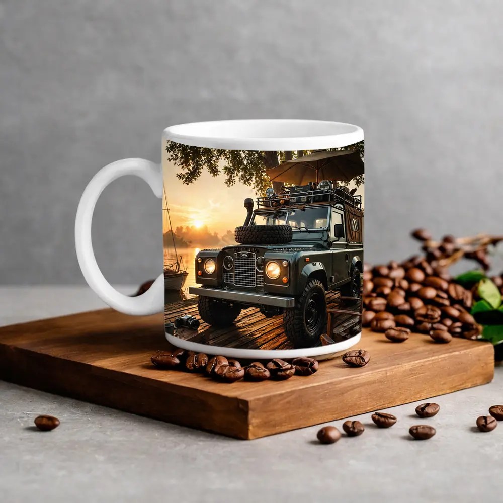 Land Rover Defender Parked At Sunset Dock – Mugs