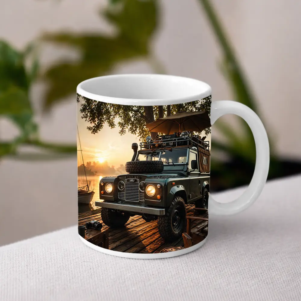 Land Rover Defender Parked At Sunset Dock – Mugs