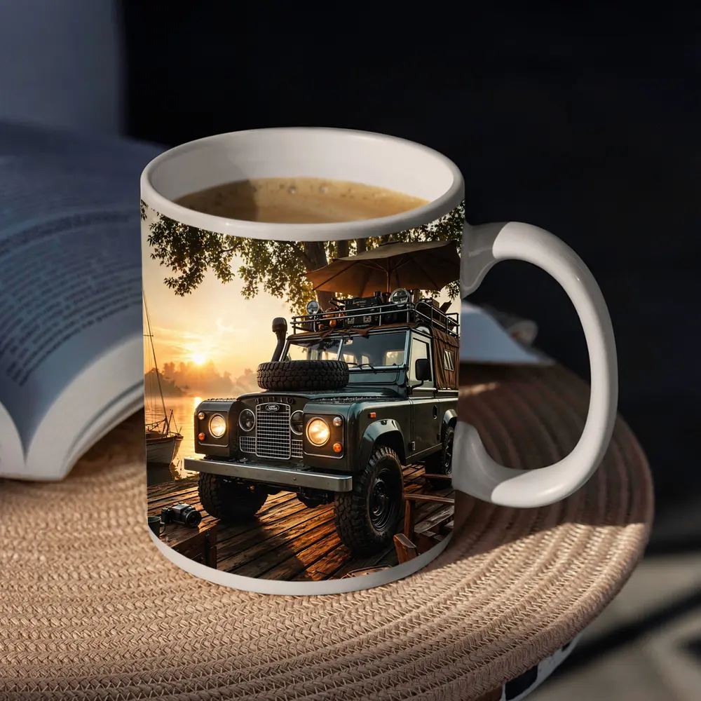 Land Rover Defender Parked At Sunset Dock – Mugs