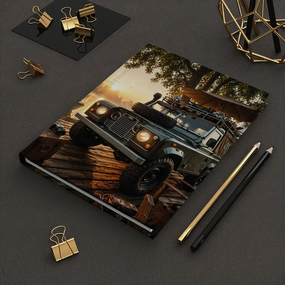 Land Rover Defender Parked At Sunset Dock – Notebooks