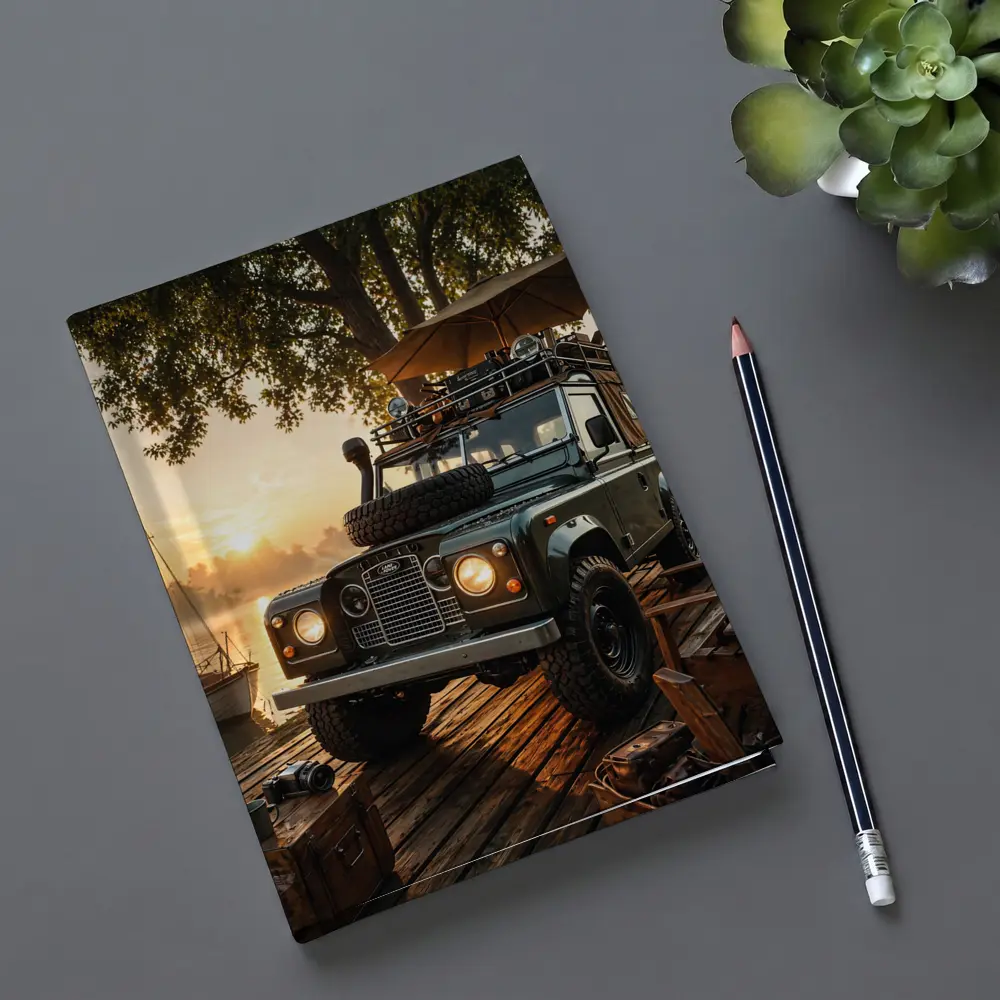 Land Rover Defender Parked At Sunset Dock – Notebooks