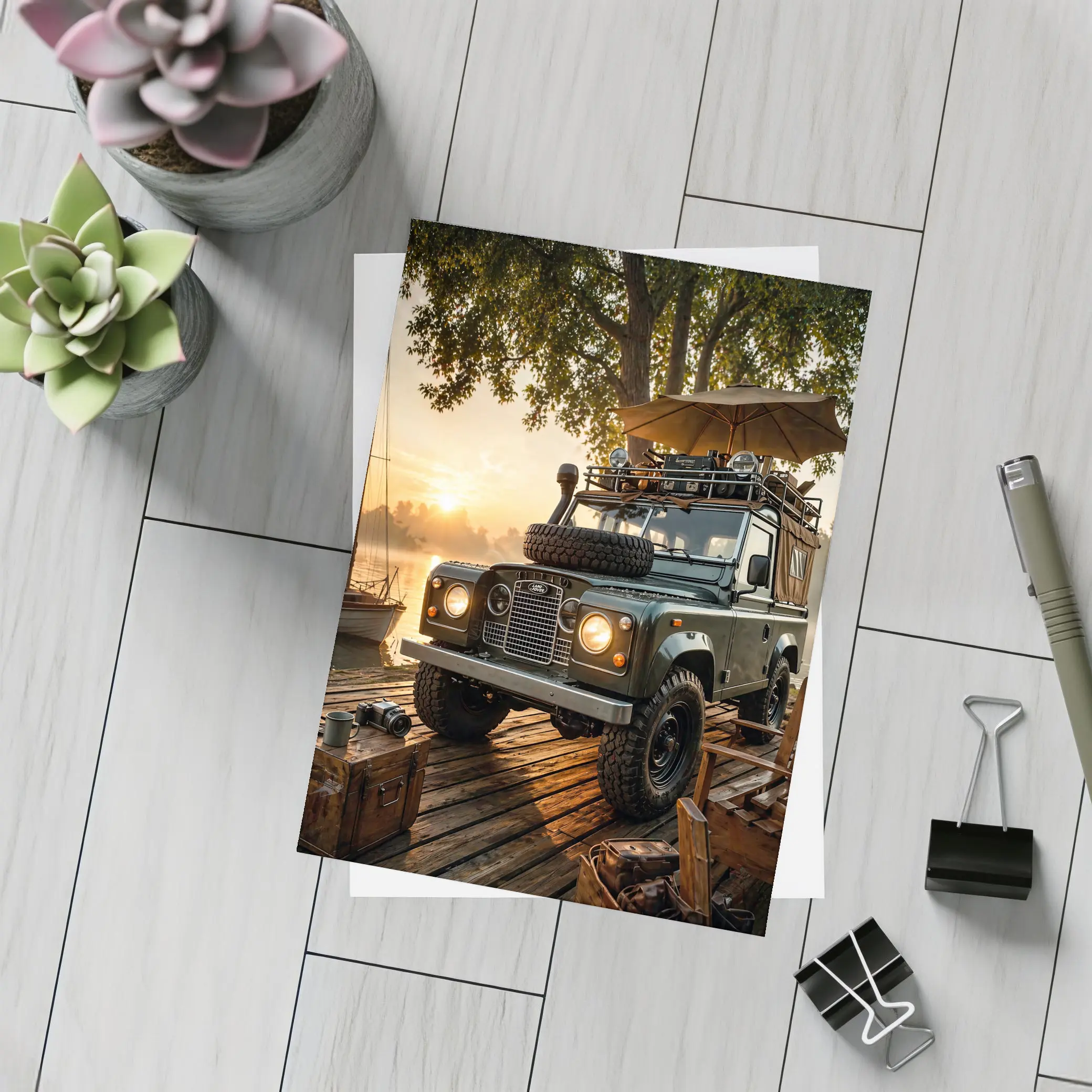 Land Rover Defender Parked At Sunset Dock – Postcards