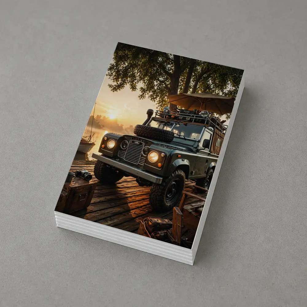 Land Rover Defender Parked At Sunset Dock – Postcards