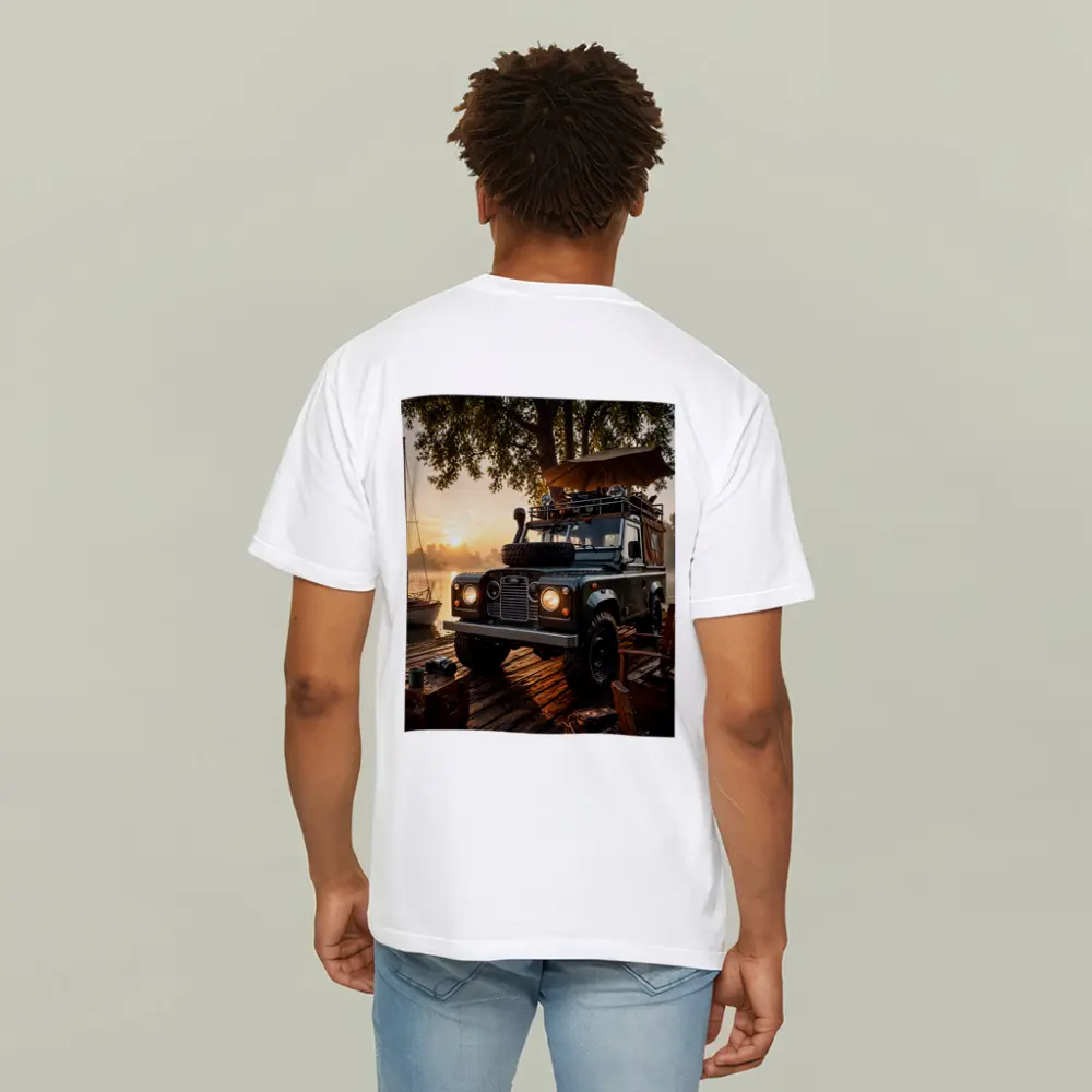 Land Rover Defender Parked At Sunset Dock – T-Shirts