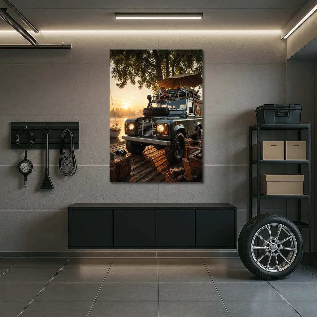 Land Rover Defender Parked At Sunset Dock – Wall Art