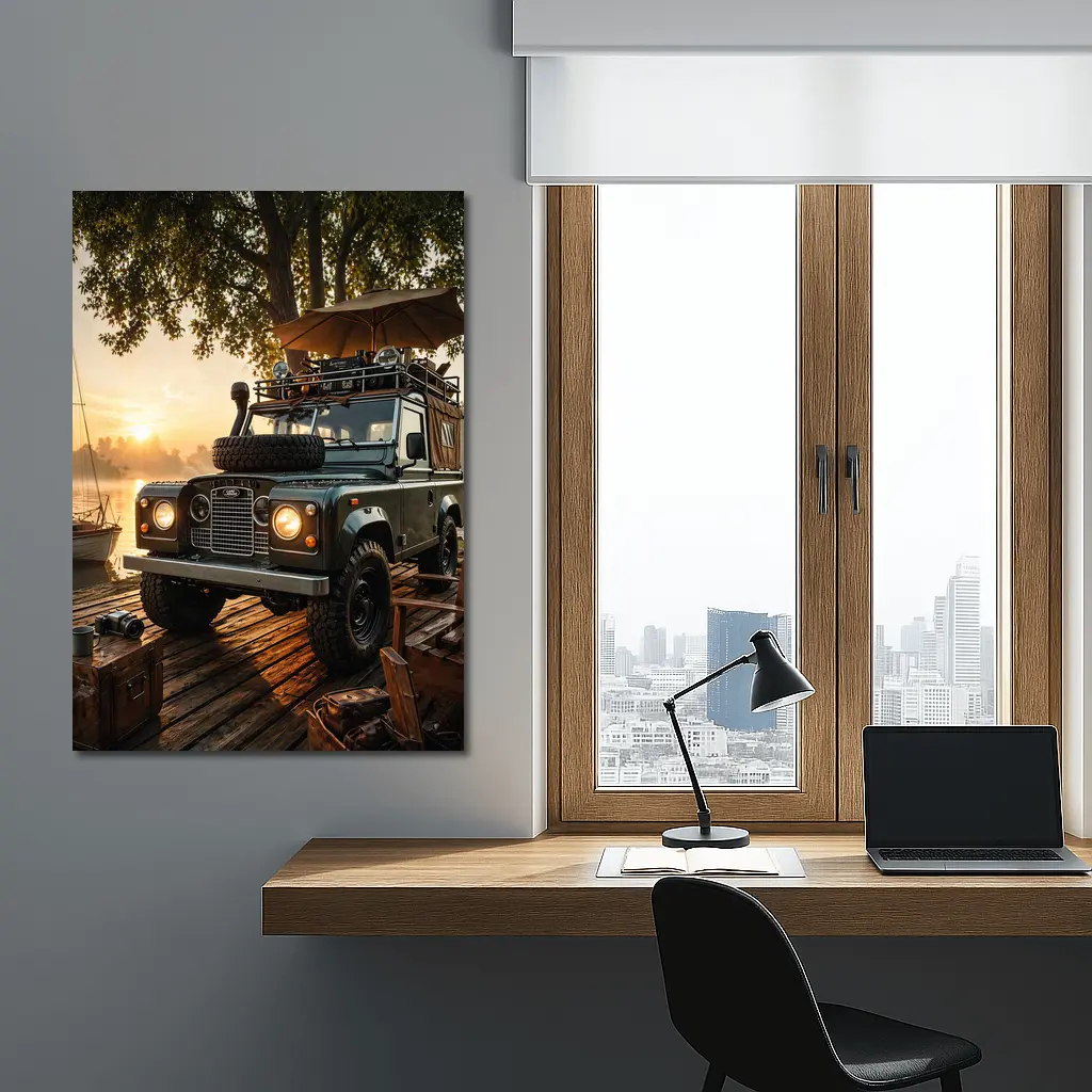 Land Rover Defender Parked At Sunset Dock – Wall Art