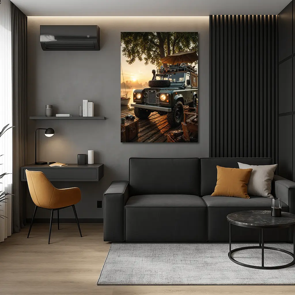 Land Rover Defender Parked At Sunset Dock – Wall Art