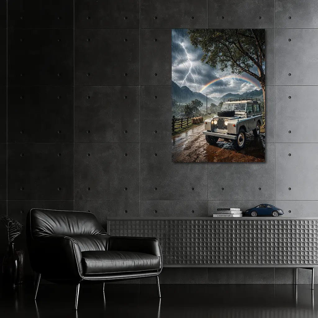 Land Rover Defender Storm Rainbow Mountain Road – Wall Art