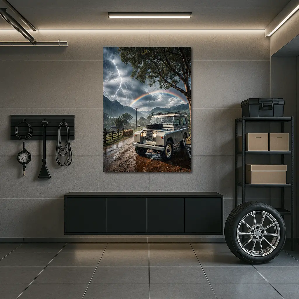 Land Rover Defender Storm Rainbow Mountain Road – Wall Art