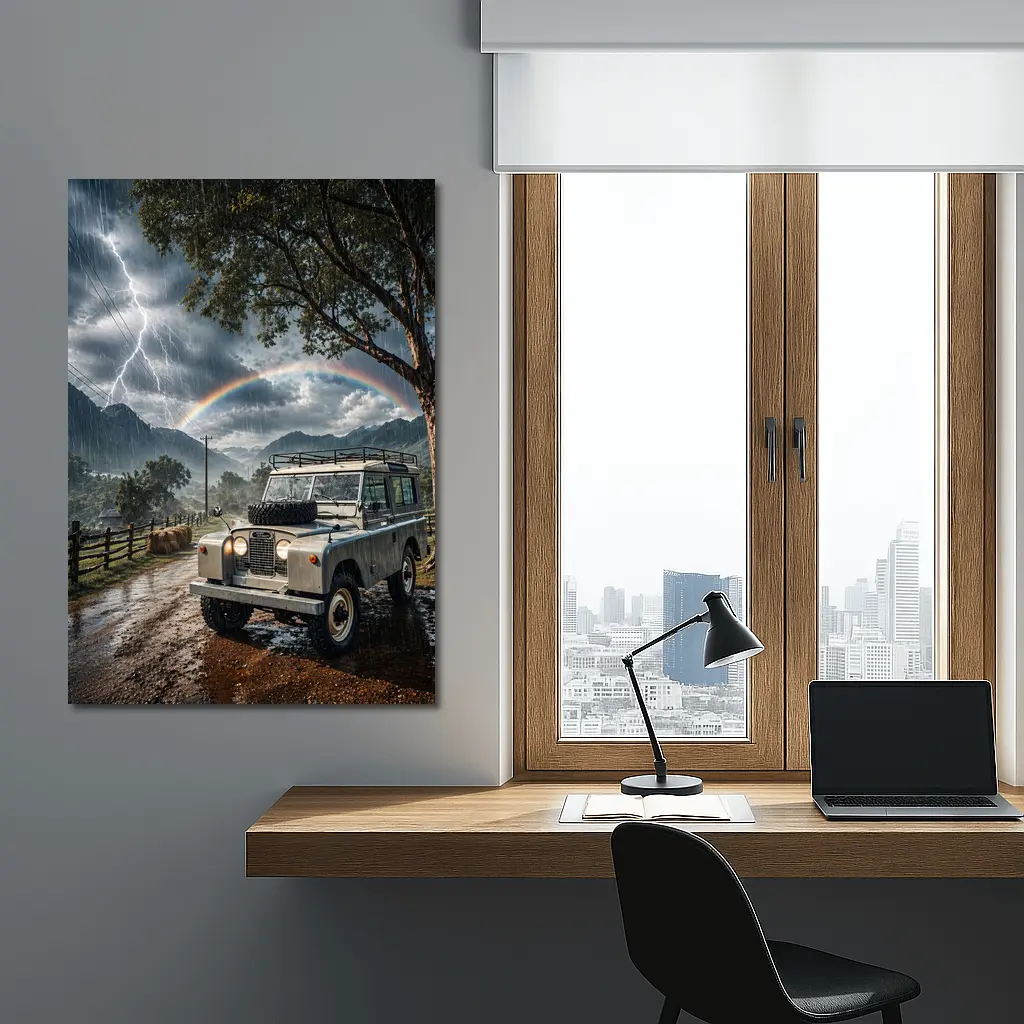 Land Rover Defender Storm Rainbow Mountain Road – Wall Art