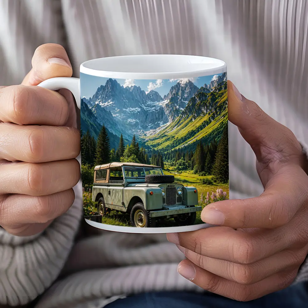 Vintage Land Rover Alpine Meadow Mountain Scene – Mugs