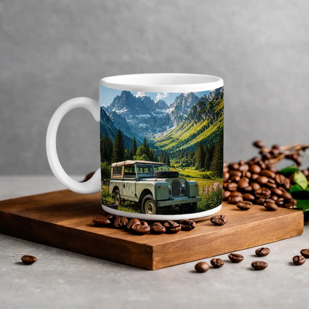 Vintage Land Rover Alpine Meadow Mountain Scene – Mugs