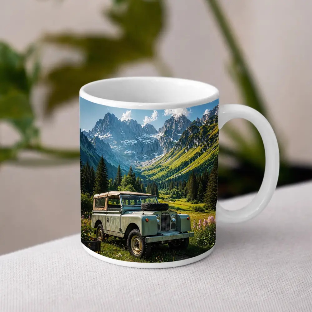 Vintage Land Rover Alpine Meadow Mountain Scene – Mugs