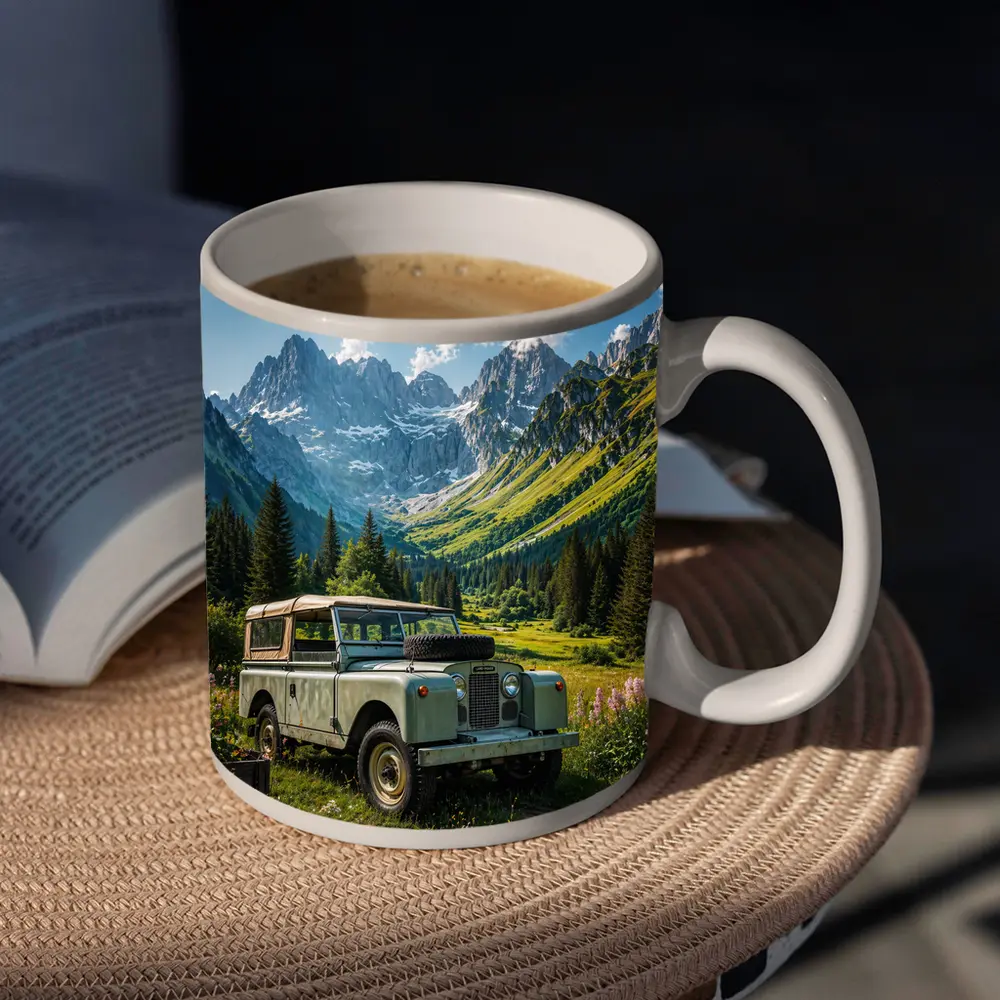 Vintage Land Rover Alpine Meadow Mountain Scene – Mugs