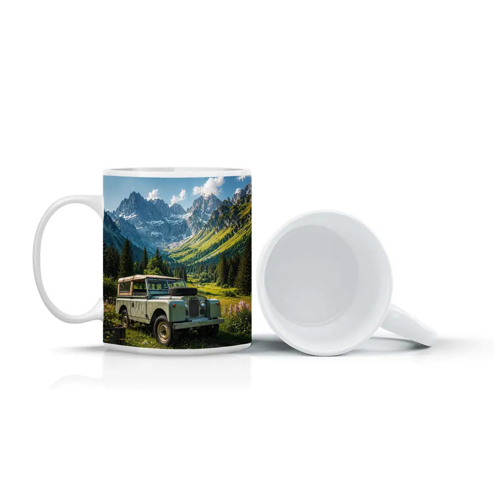 Vintage Land Rover Alpine Meadow Mountain Scene – Mugs