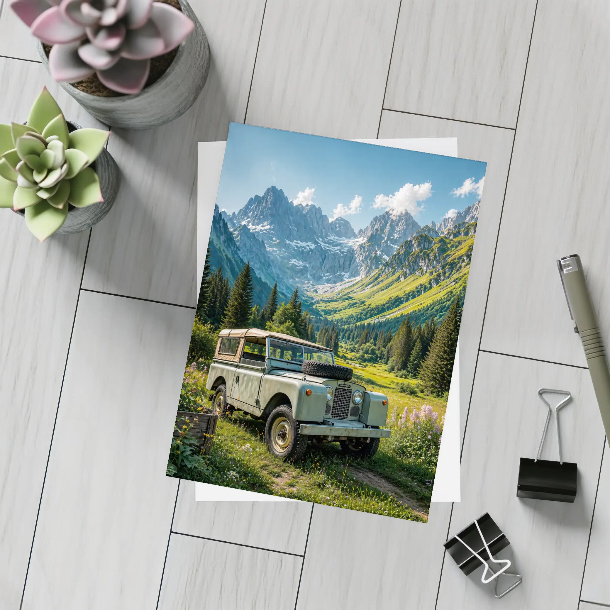 Vintage Land Rover Alpine Meadow Mountain Scene – Postcards