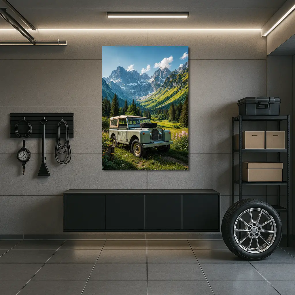 Vintage Land Rover Alpine Meadow Mountain Scene – Wall Art