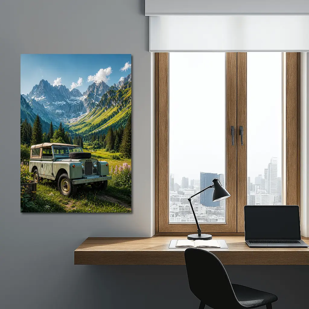 Vintage Land Rover Alpine Meadow Mountain Scene – Wall Art