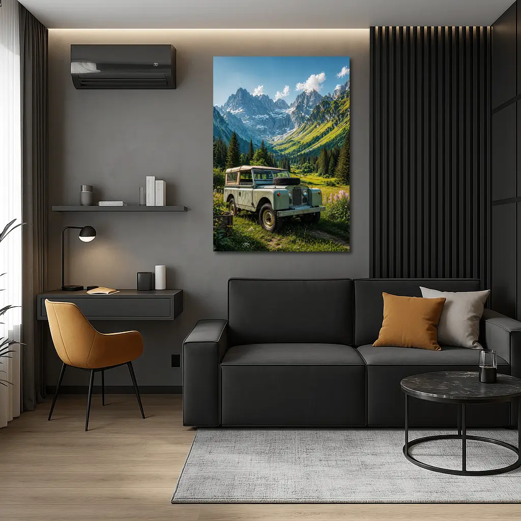 Vintage Land Rover Alpine Meadow Mountain Scene – Wall Art