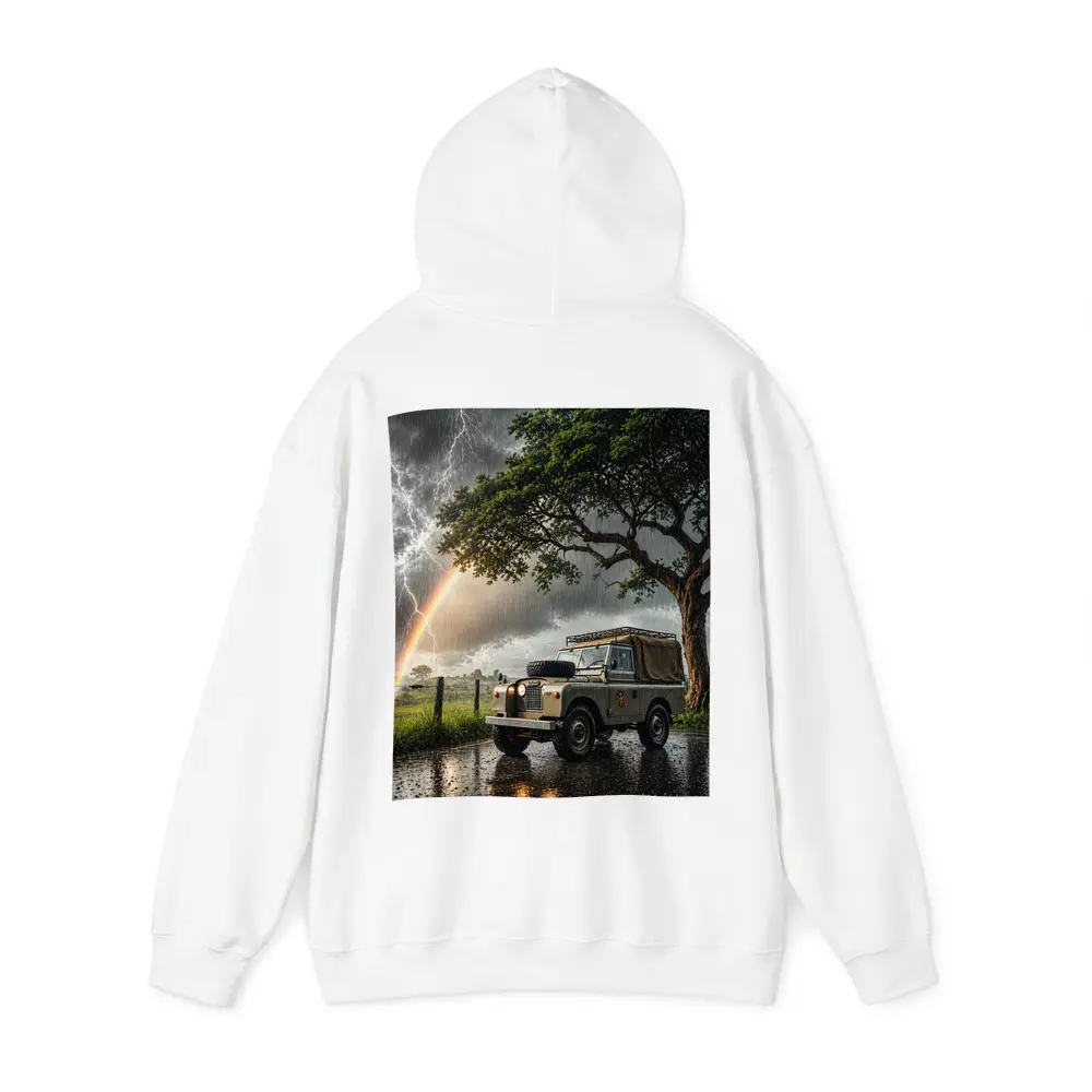 Land Rover Defender Storm Lightning Rainbow Scene – Hoodies