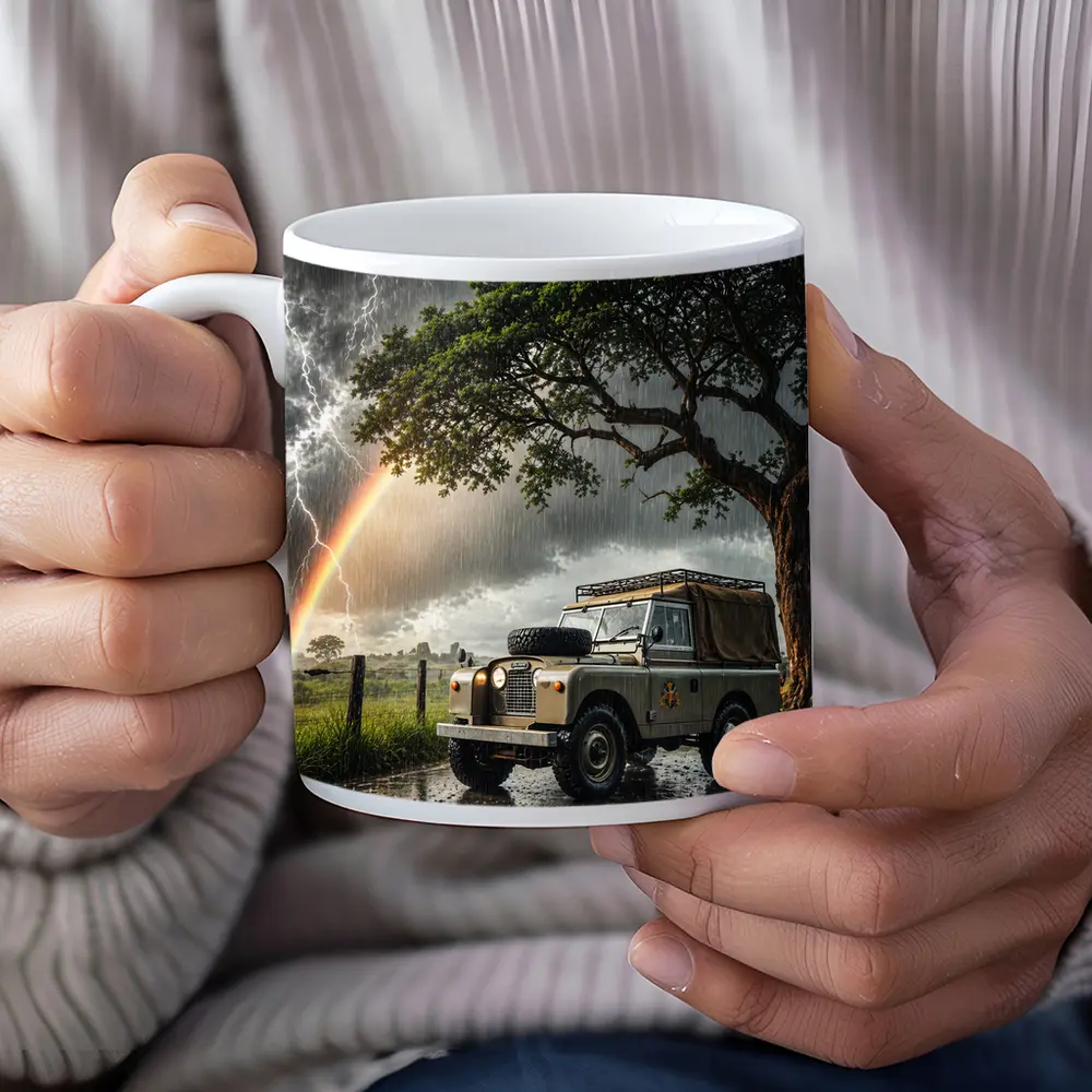 Land Rover Defender Storm Lightning Rainbow Scene – Mugs