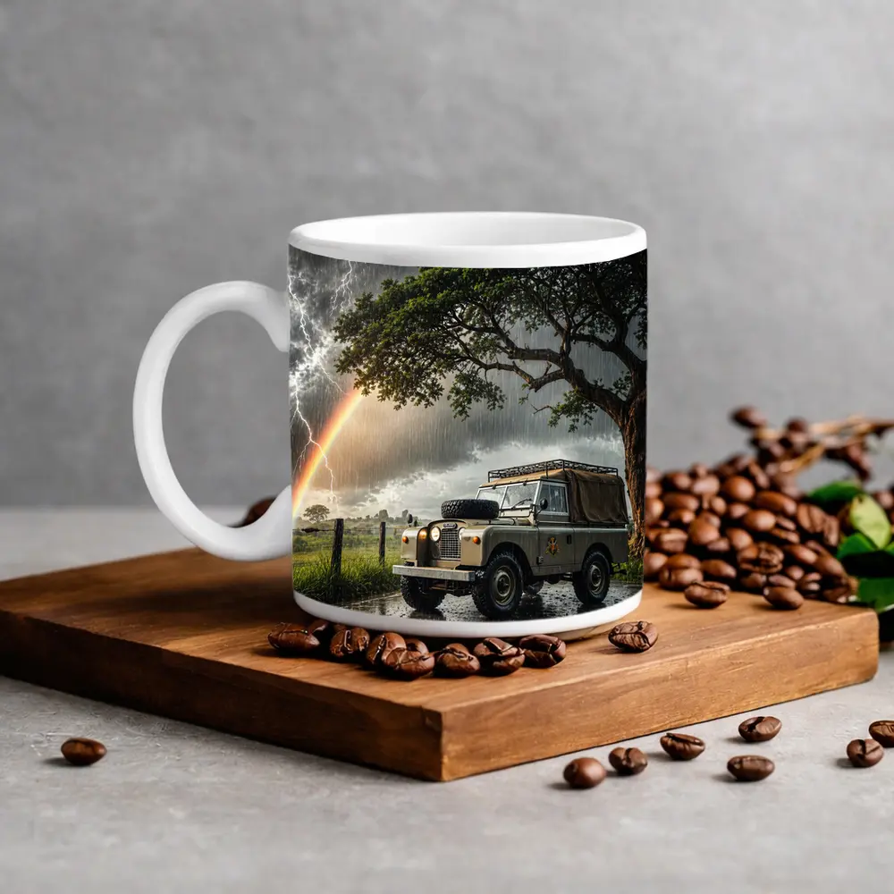 Land Rover Defender Storm Lightning Rainbow Scene – Mugs