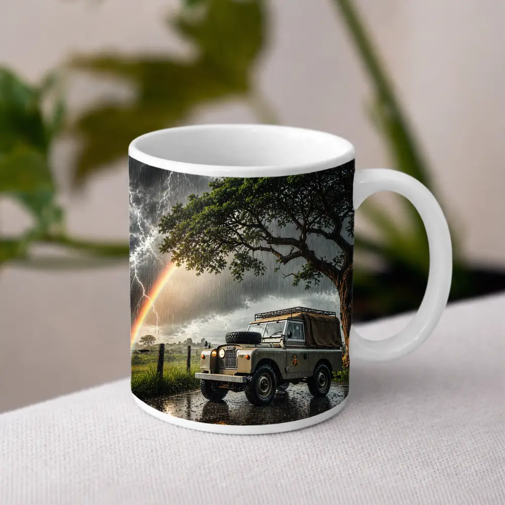 Land Rover Defender Storm Lightning Rainbow Scene – Mugs