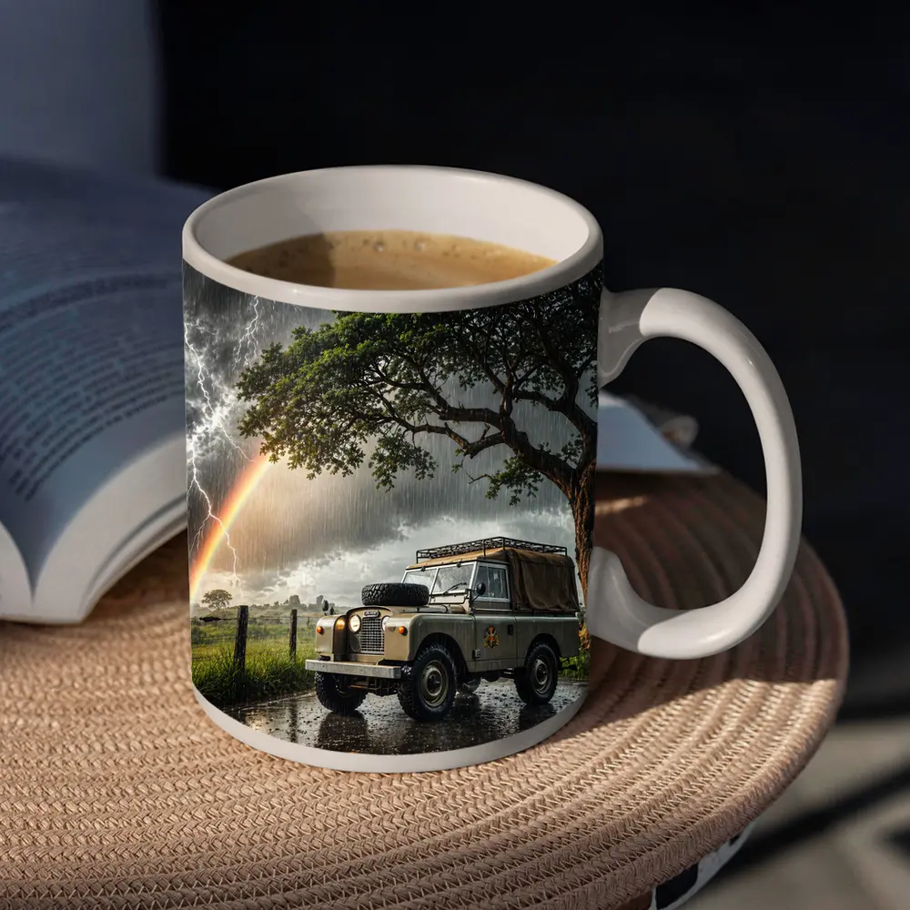 Land Rover Defender Storm Lightning Rainbow Scene – Mugs