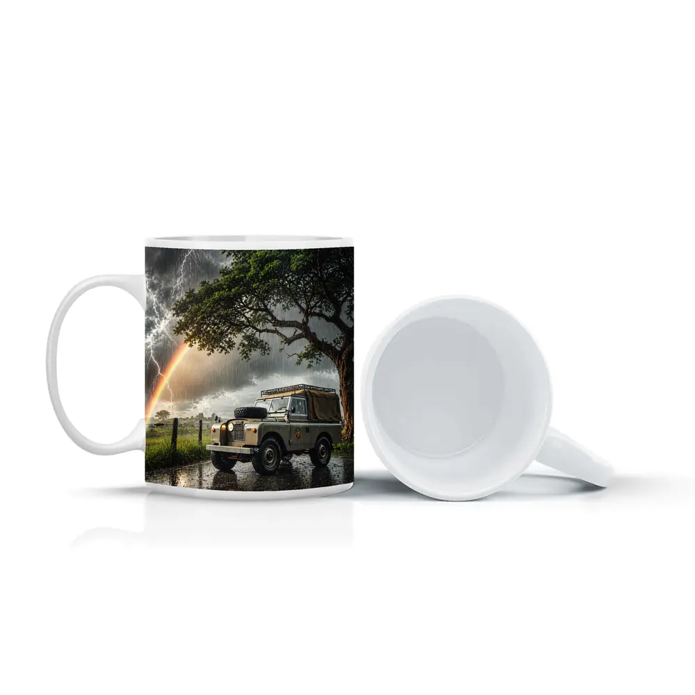 Land Rover Defender Storm Lightning Rainbow Scene – Mugs
