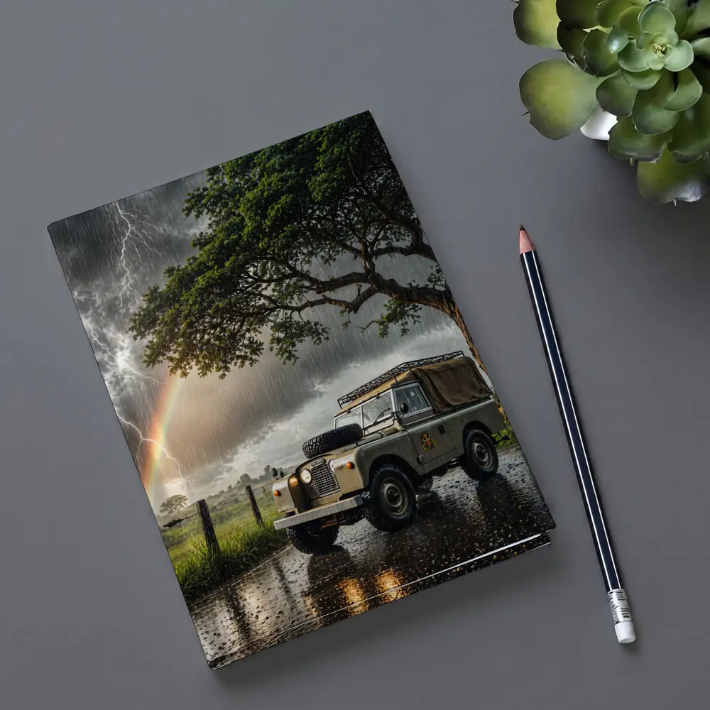 Land Rover Defender Storm Lightning Rainbow Scene – Notebooks
