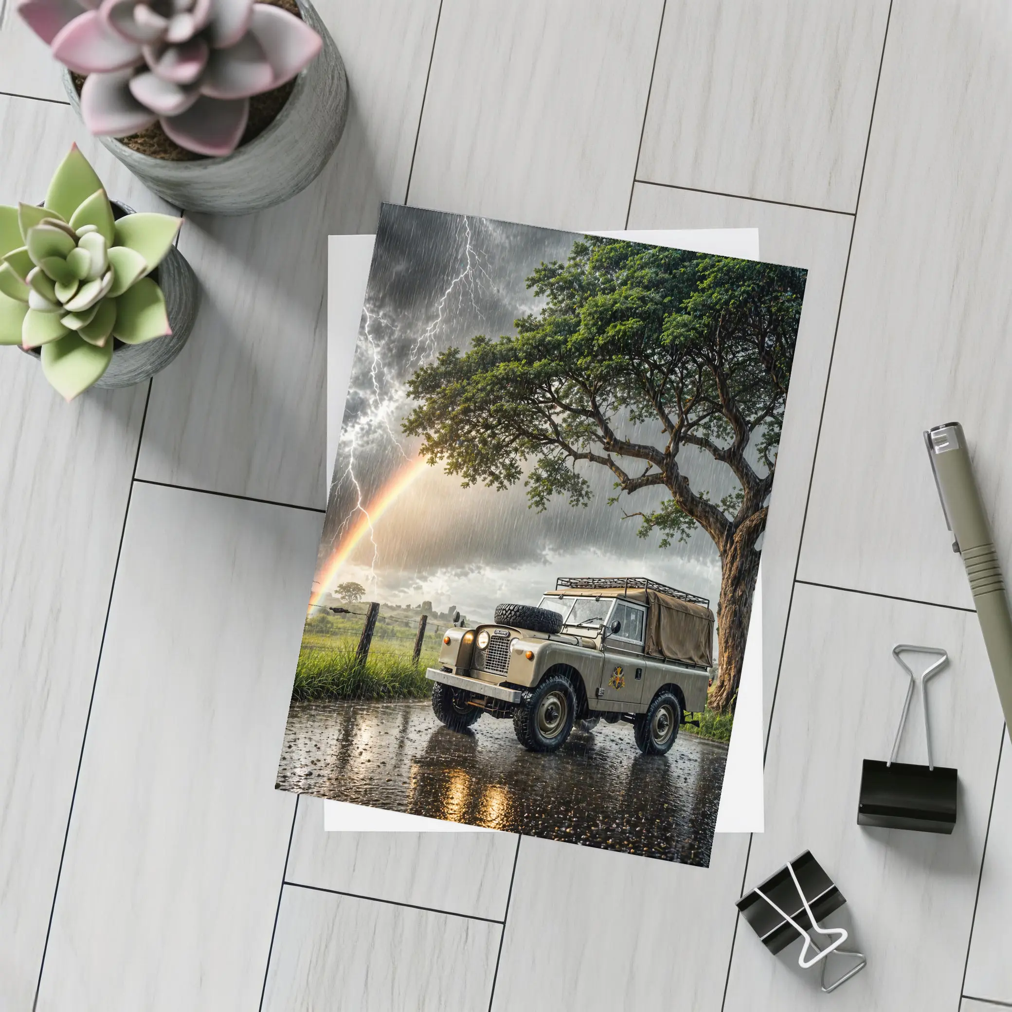 Land Rover Defender Storm Lightning Rainbow Scene – Postcards
