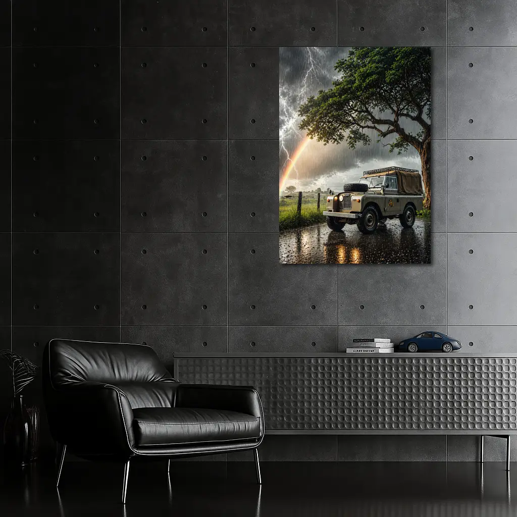 Land Rover Defender Storm Lightning Rainbow Scene – Wall Art
