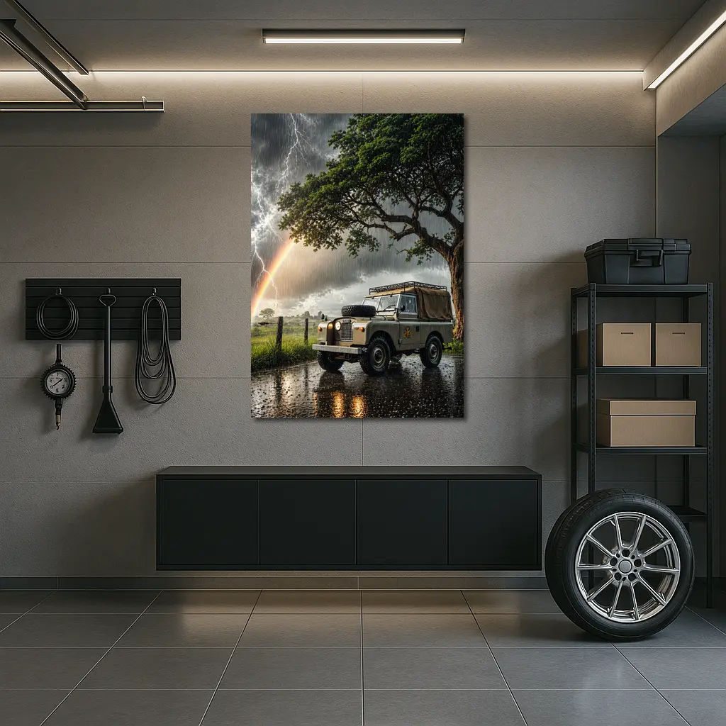 Land Rover Defender Storm Lightning Rainbow Scene – Wall Art