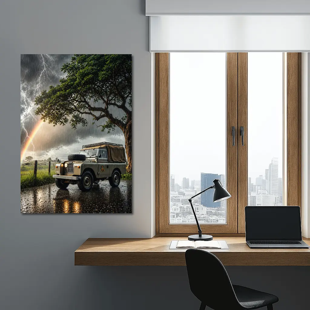 Land Rover Defender Storm Lightning Rainbow Scene – Wall Art