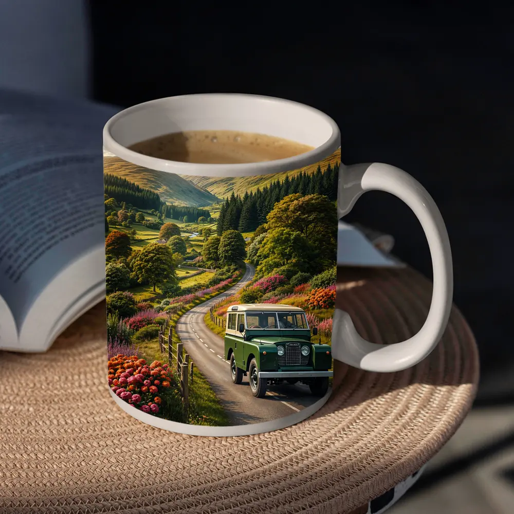 Vintage Land Rover Defender Green Scottish Highlands – Mugs