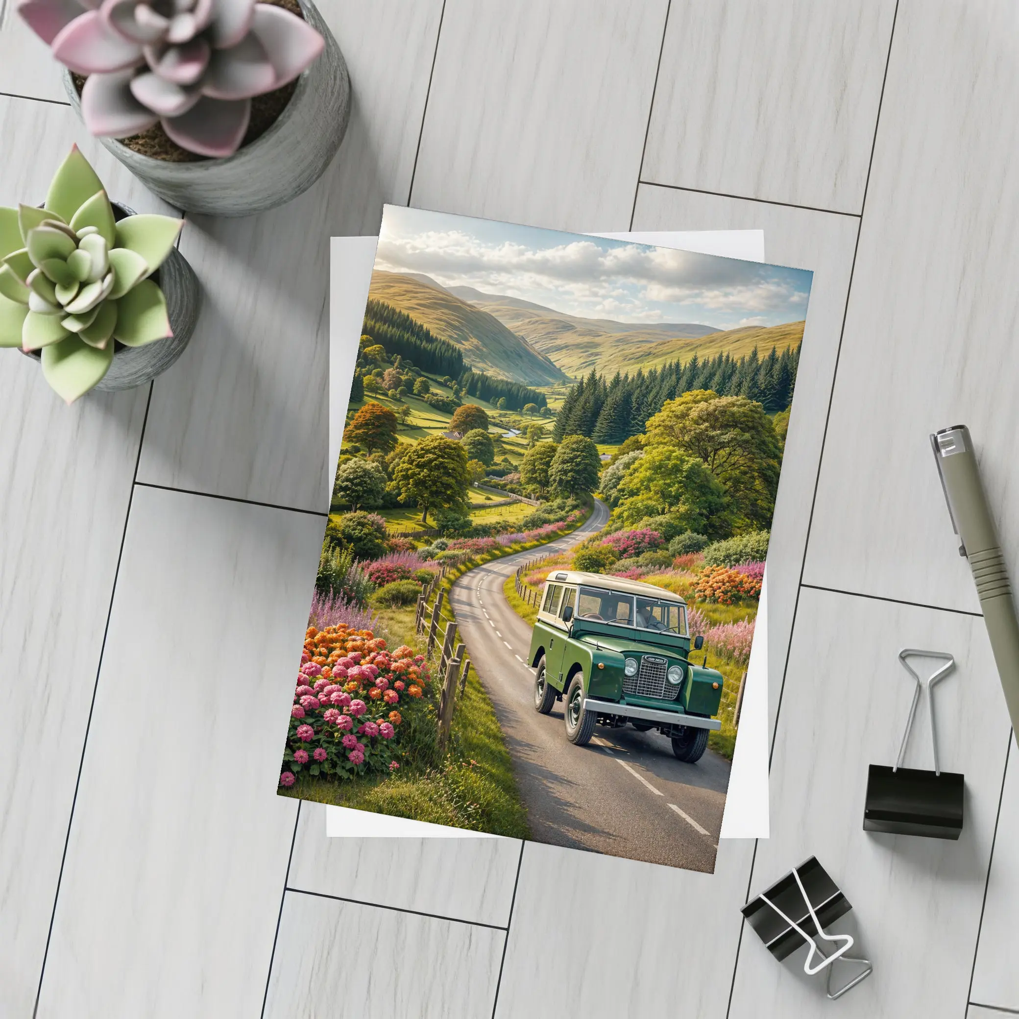 Vintage Land Rover Defender Green Scottish Highlands – Postcards