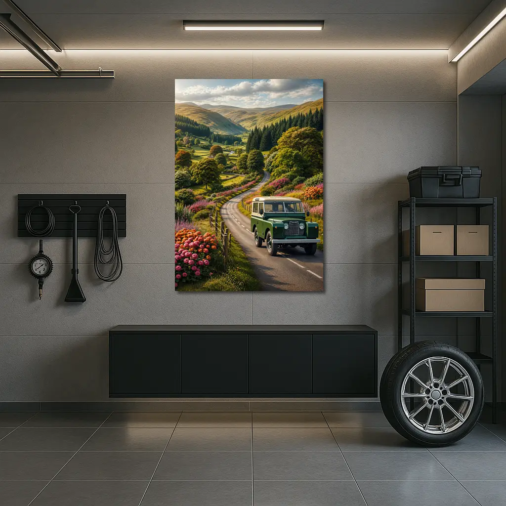 Vintage Land Rover Defender Green Scottish Highlands – Wall Art