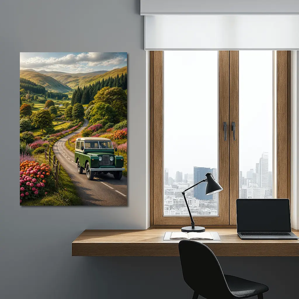 Vintage Land Rover Defender Green Scottish Highlands – Wall Art