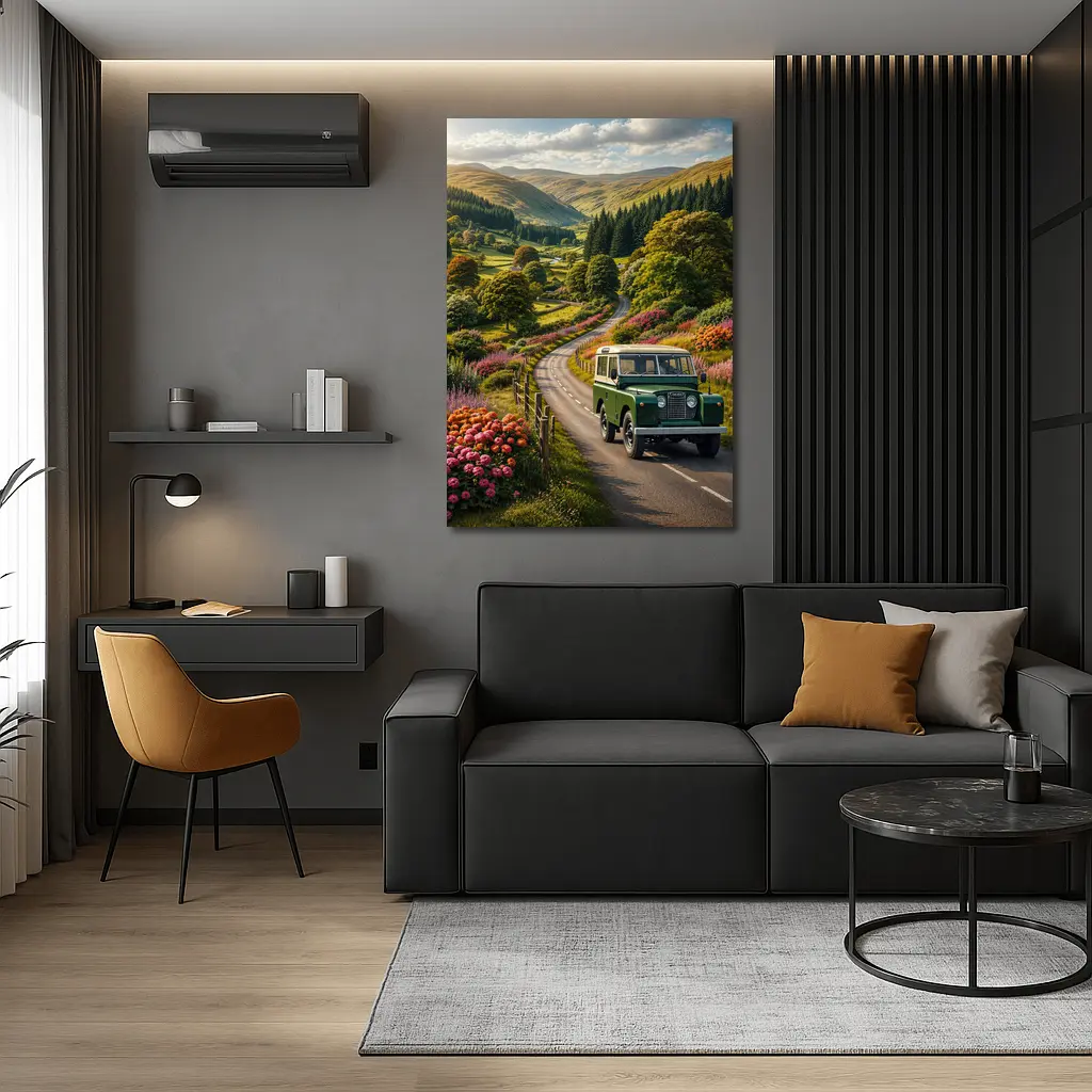 Vintage Land Rover Defender Green Scottish Highlands – Wall Art