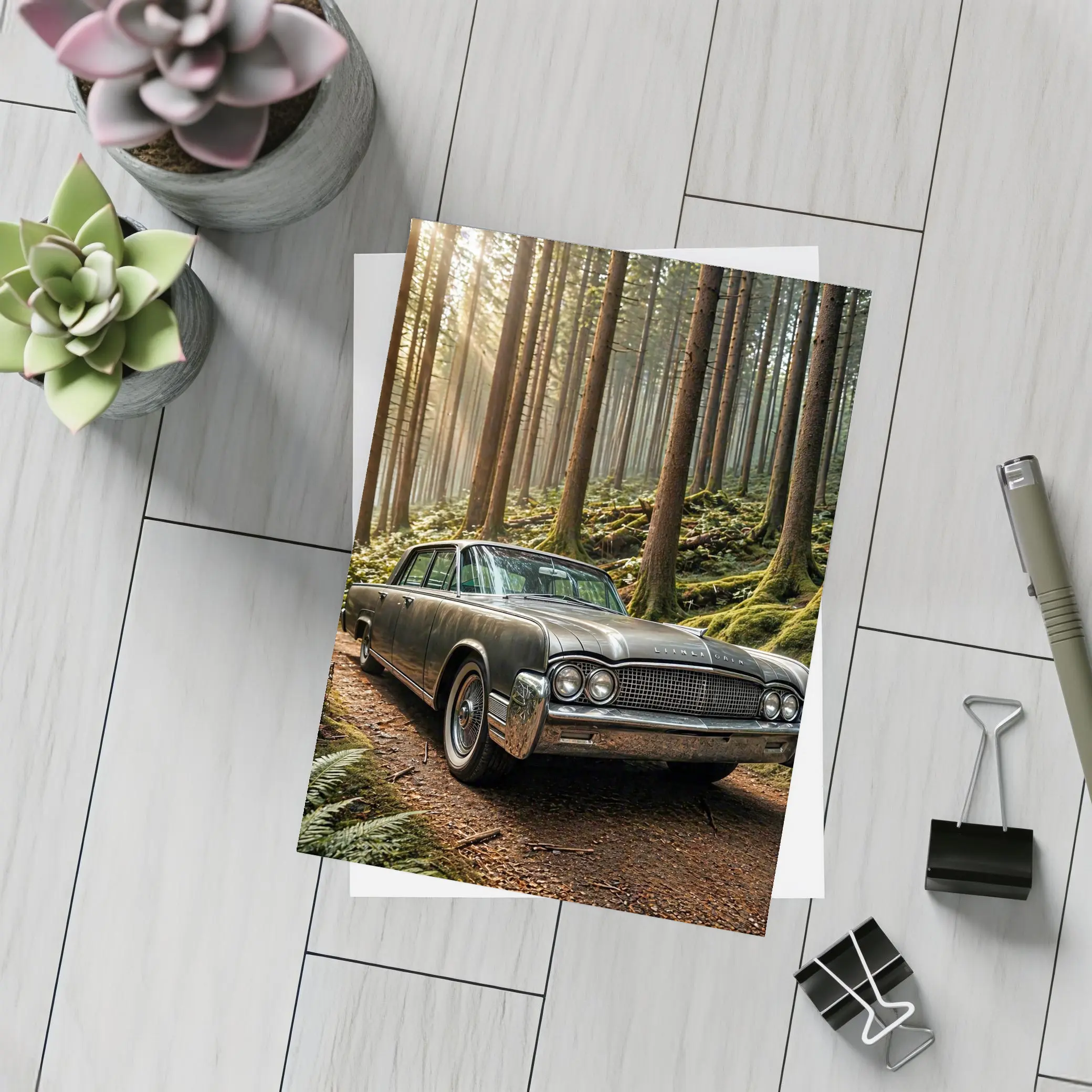 Vintage Lincoln Continental Parked in Forest – Postcards