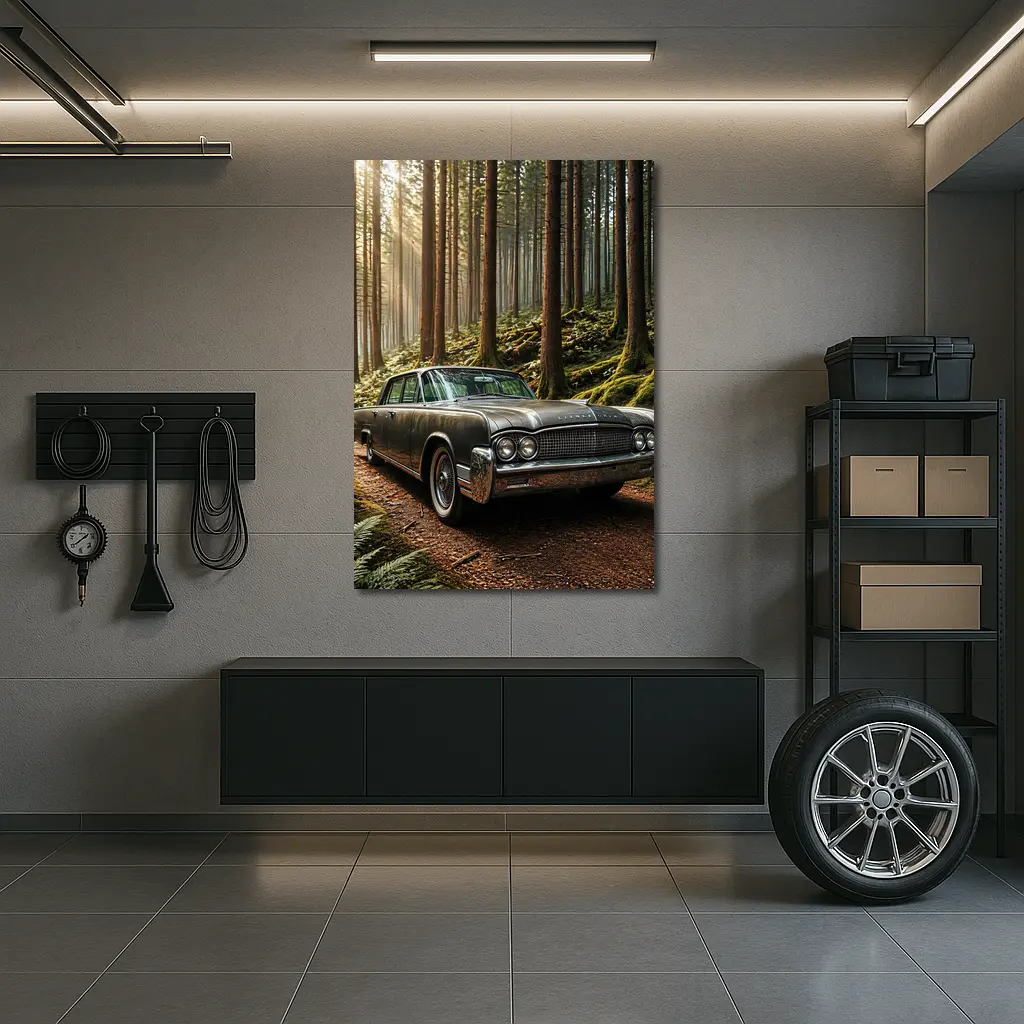 Vintage Lincoln Continental Parked in Forest – Wall Art