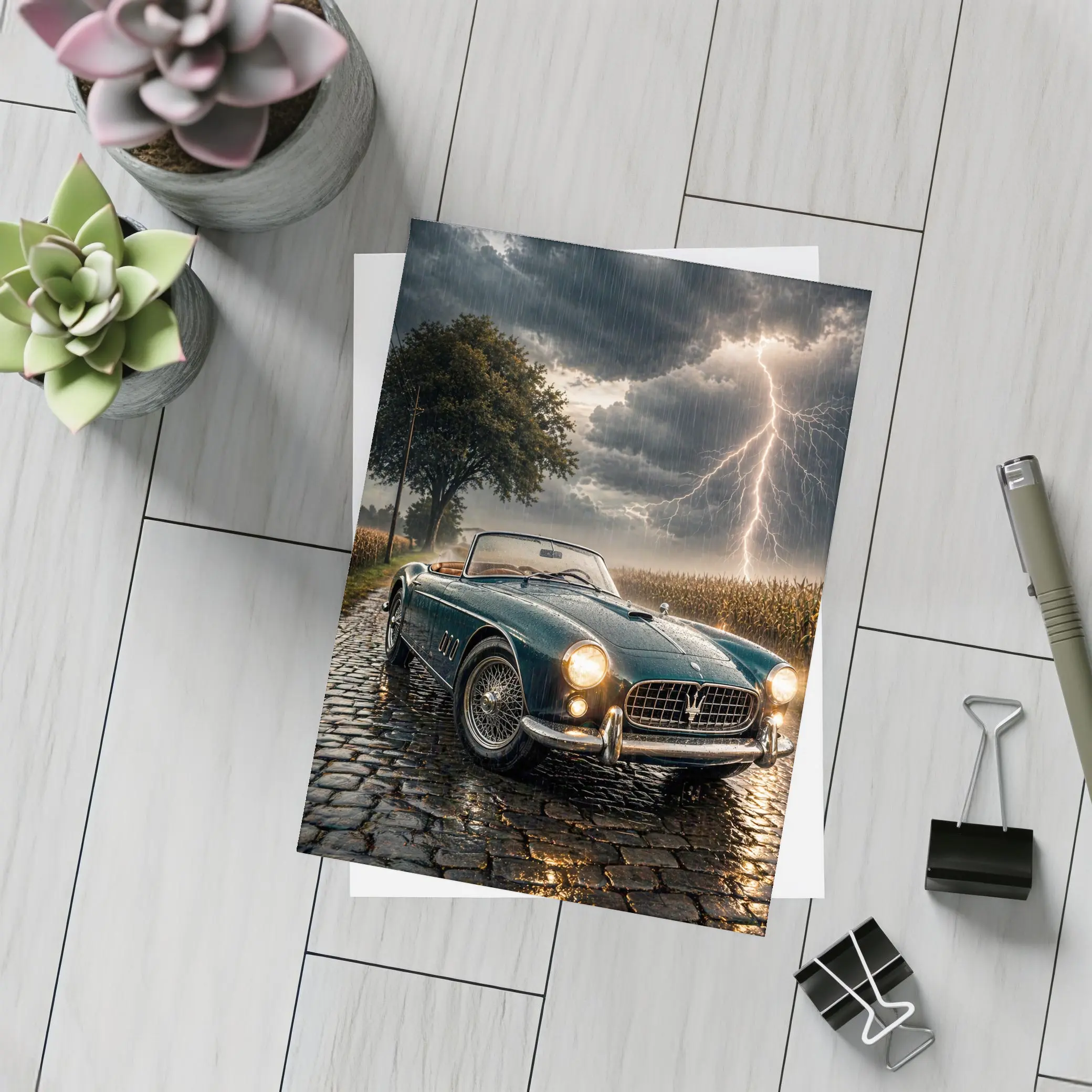 Maserati Classic Convertible Storm Lightning Road – Postcards