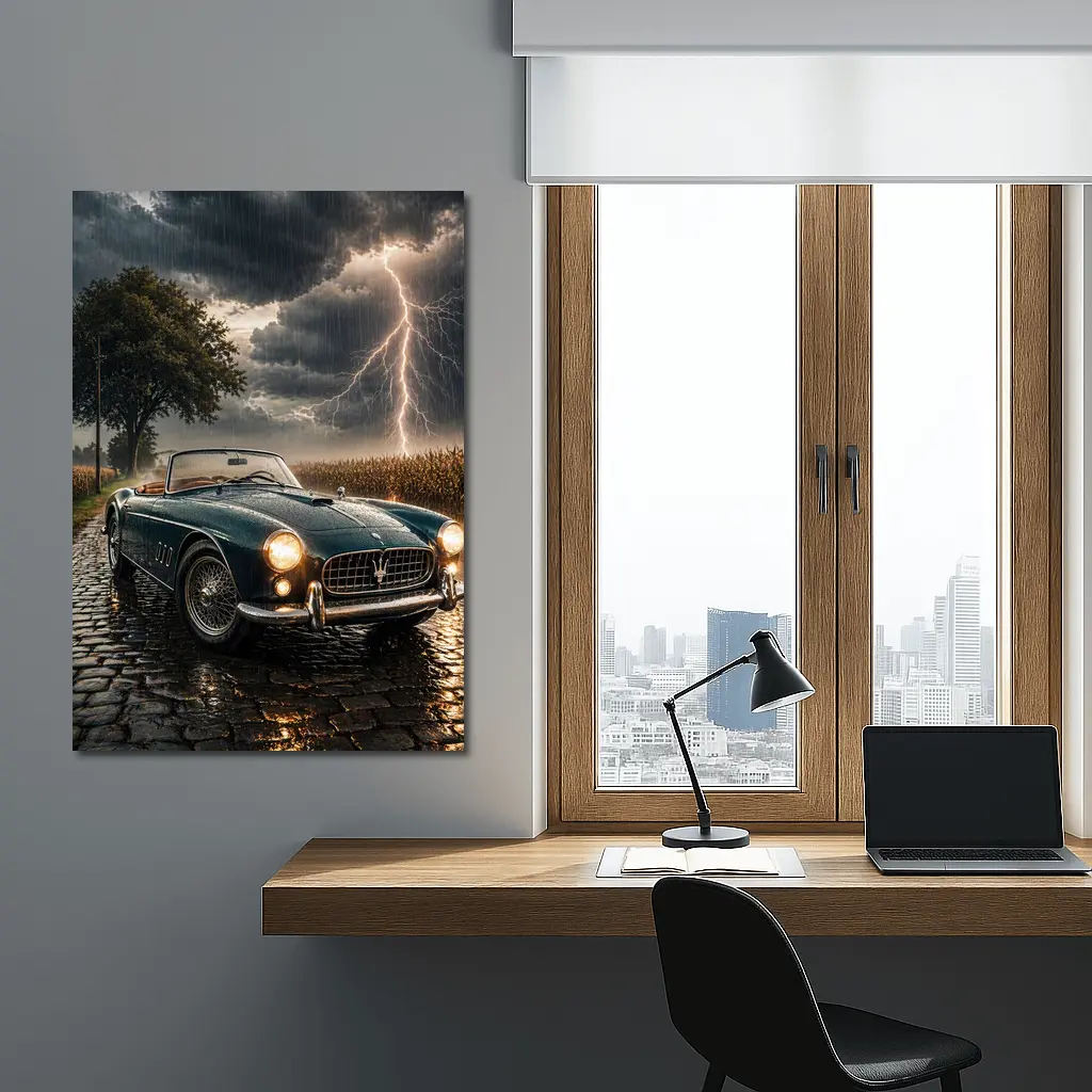 Maserati Classic Convertible Storm Lightning Road – Wall Art