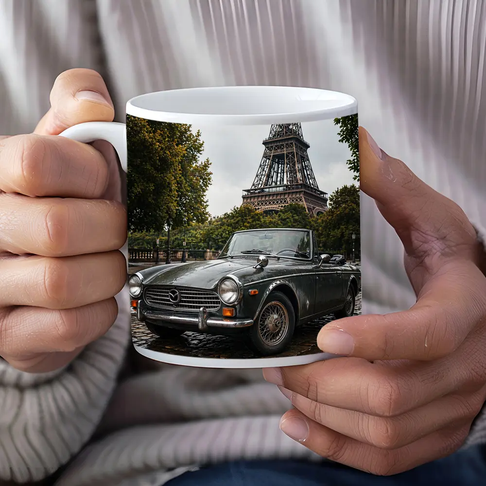 Vintage Mazda Roadster Parked Near Eiffel Tower – Mugs