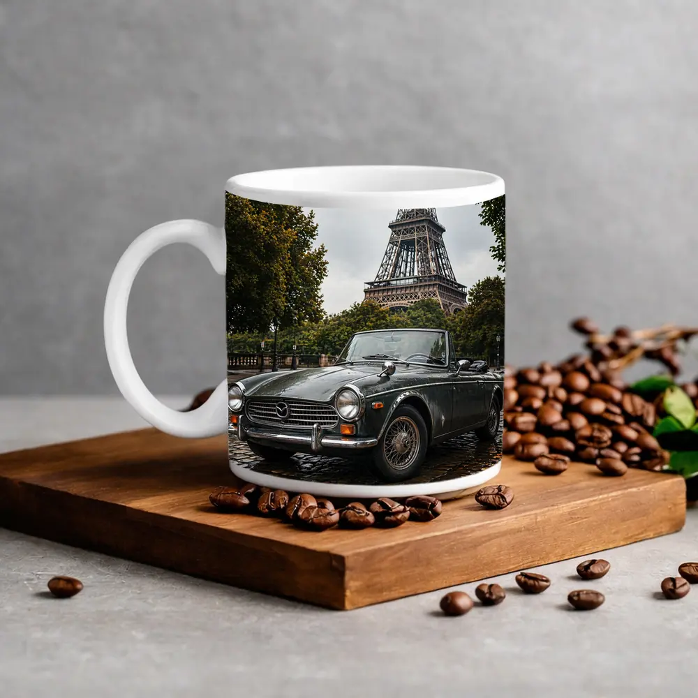 Vintage Mazda Roadster Parked Near Eiffel Tower – Mugs