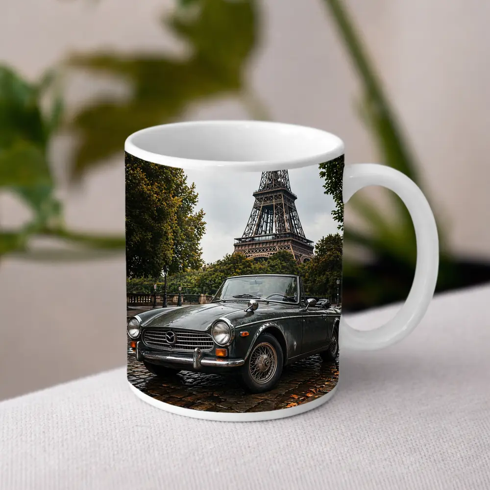 Vintage Mazda Roadster Parked Near Eiffel Tower – Mugs