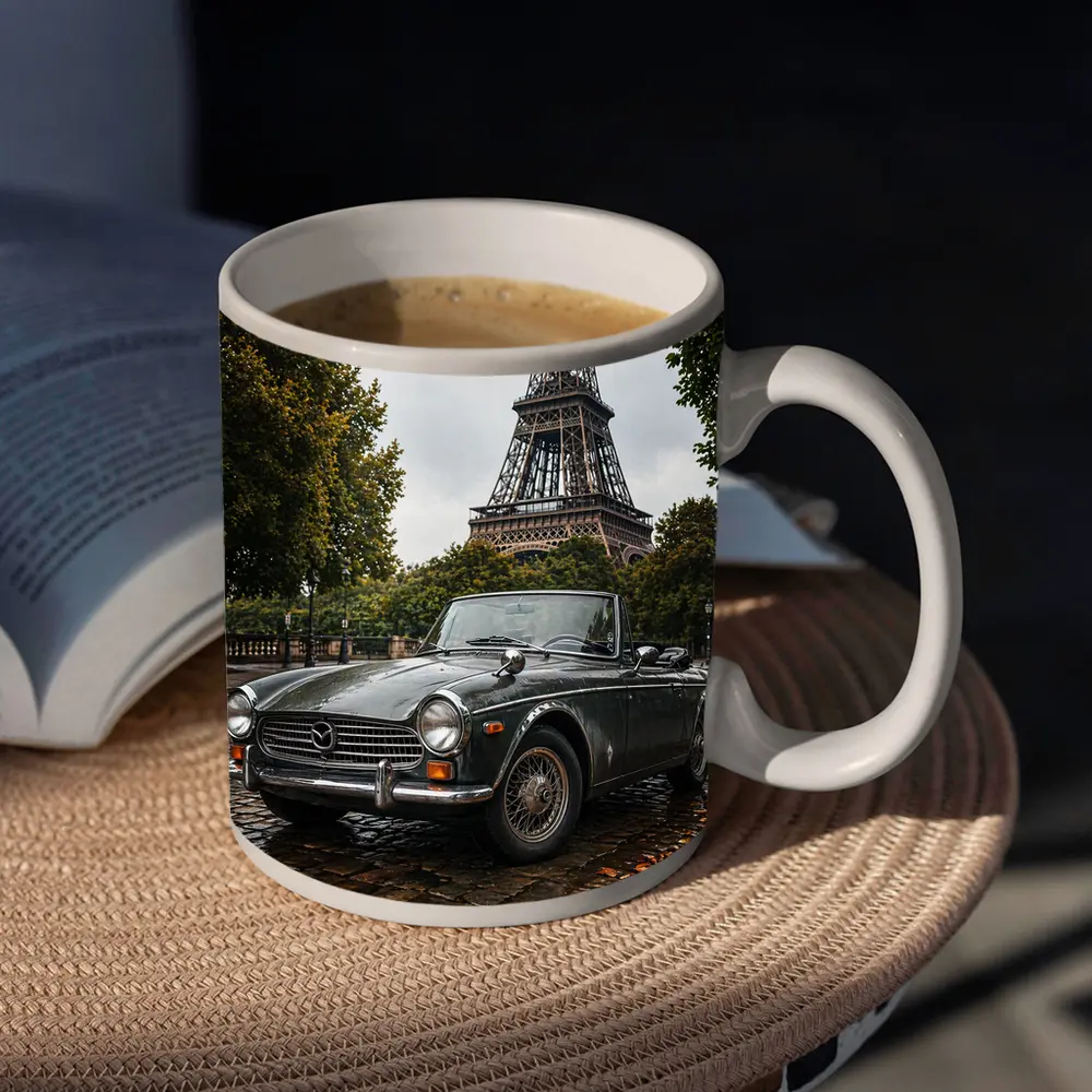 Vintage Mazda Roadster Parked Near Eiffel Tower – Mugs